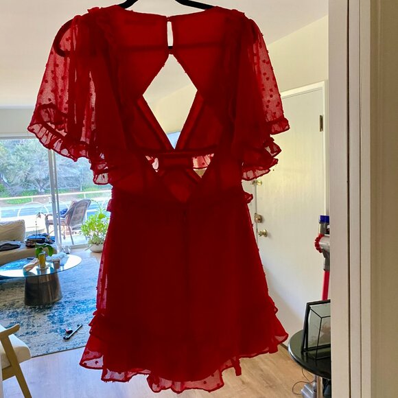Red Ruffled Mini Cutout Dress - Picture 4 of 16
